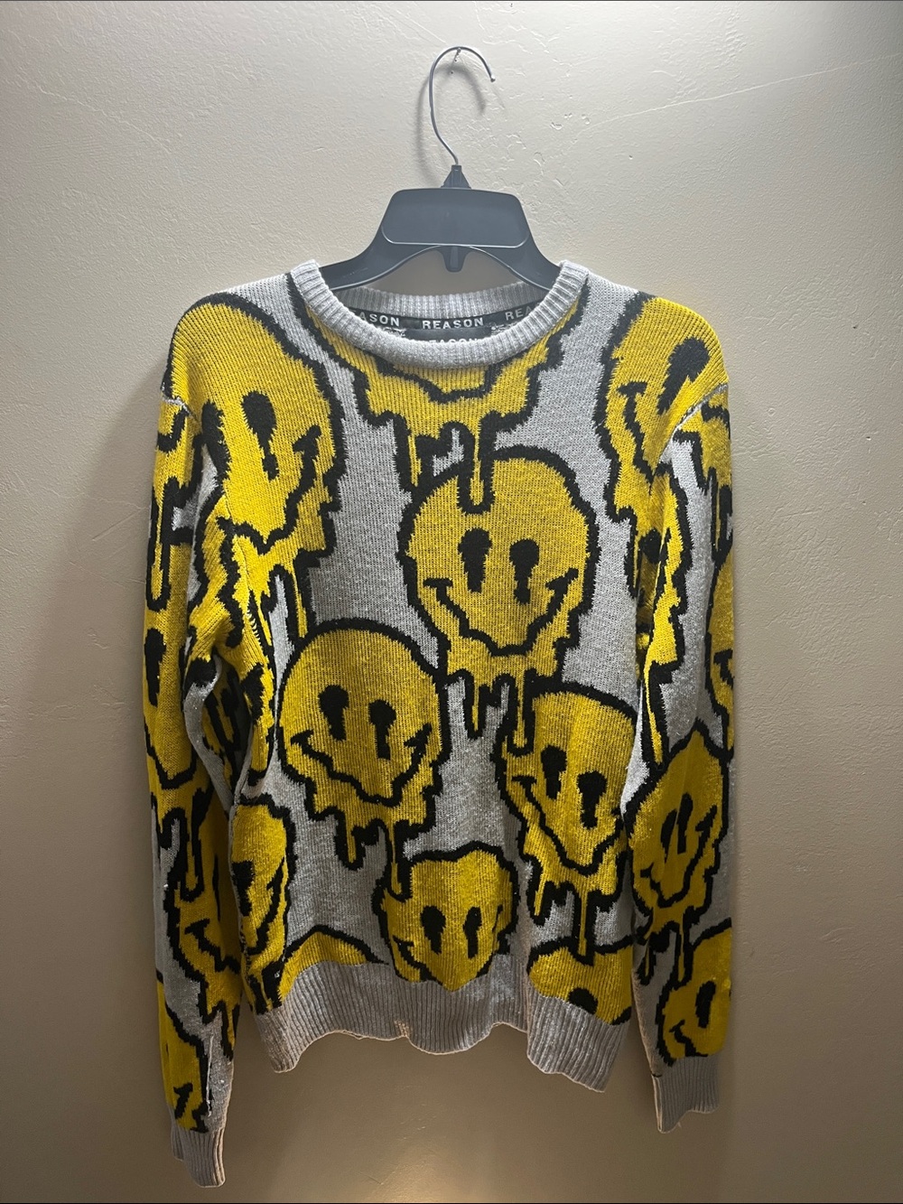 Reason Gray Crewneck Sweater with Yellow Dripping Smiley Motif
